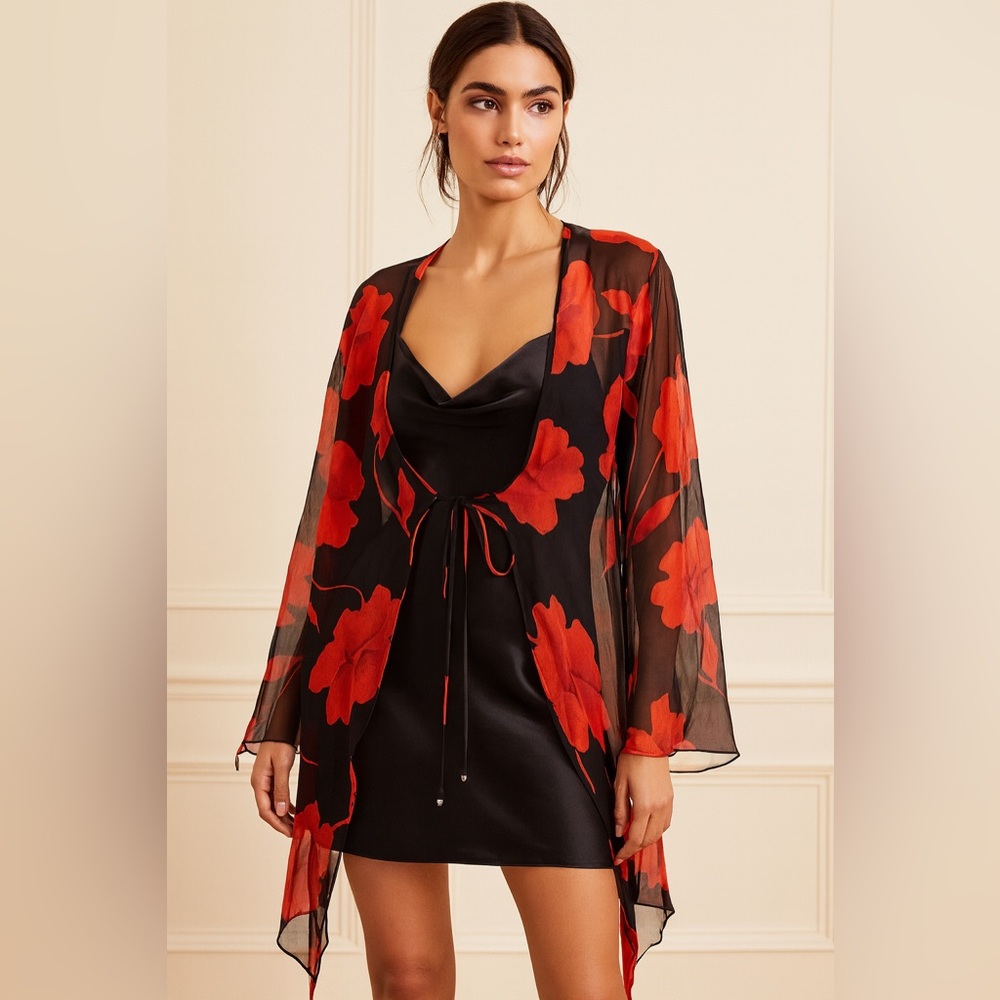 Sheer Black Floral Silk Robe Black and Red Poppy Luxury Kimono Layering Piece